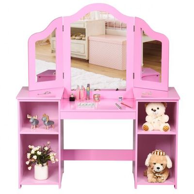 2 in 1 Schminktisch mit abnehmbarem Spiegel &amp; offenen Fächern aus Holz für Kinder Rosa
