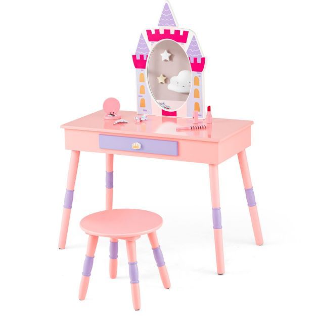 2 in 1 Kinder Schminktisch-Set &quot;Schloss&quot; aus Holz Rosa