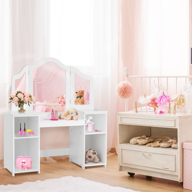 2 in 1 Kinder Schminktisch Schreibtisch mit Spiegel 107 × 40 × 117 cm Weiss