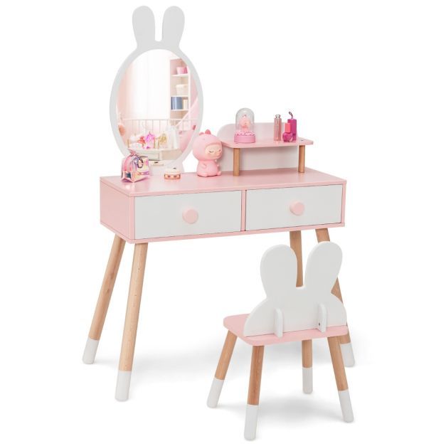 Kinder Schminktisch Set mit Kaninchen Design Schminkset mit Massivholzbeinen