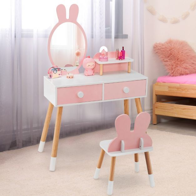 Kinder Schminktisch Set mit Kaninchen Design Schminkset mit Massivholzbeinen rosa