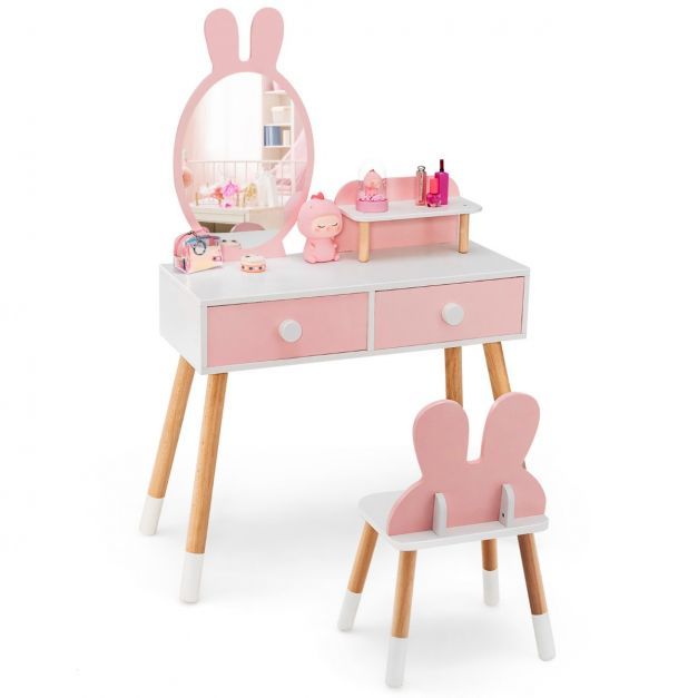 Kinder Schminktisch Set mit Kaninchen Design Schminkset mit Massivholzbeinen rosa
