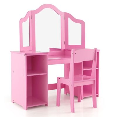 2 in 1 Kinder Schminktisch Schreibtisch mit Abnehmbarem Spiegel &amp; Offenen Fächern Rosa