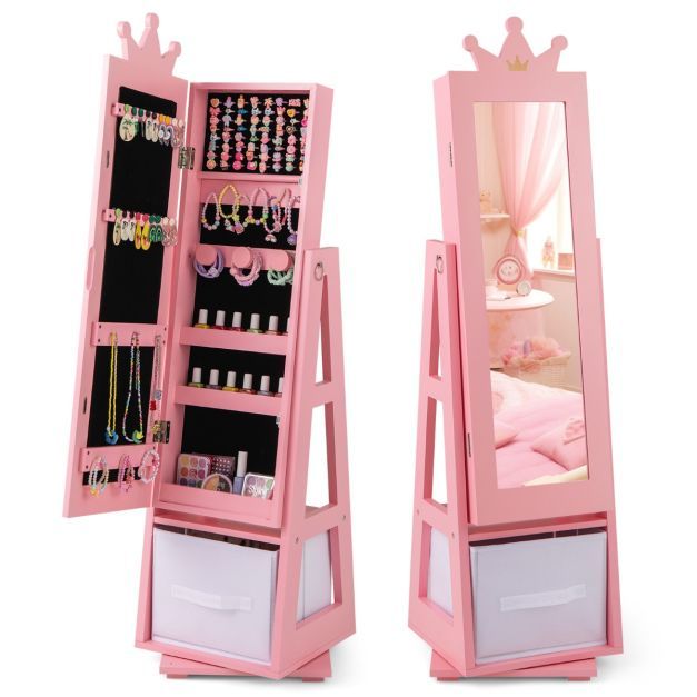 3 in 1 Kinder Schmuckschrank mit Krone, Ganzkörperspiegel &amp; Aufbewahrungskorb Schmuckregal