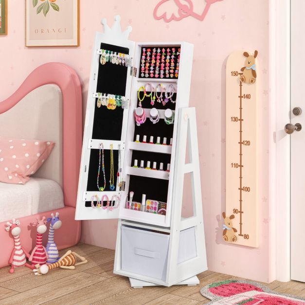 3 in 1 Kinder Schmuckschrank mit Krone, Ganzkörperspiegel & Aufbewahrungskorb Schmuckregal weiss