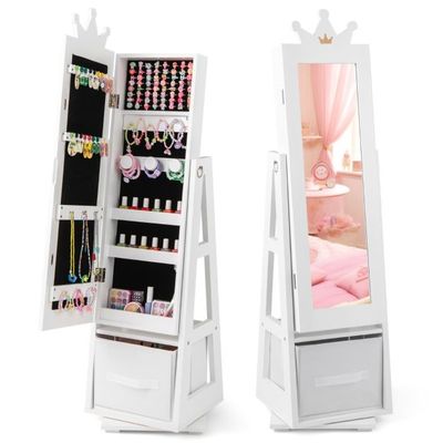 3 in 1 Kinder Schmuckschrank mit Krone, Ganzkörperspiegel &amp; Aufbewahrungskorb Schmuckregal weiss