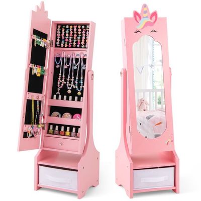 2 in 1 Kinder Schmuckschrank Einhorn mit Ganzkörperspiegel &amp; Schublade Spiegelschrank rosa