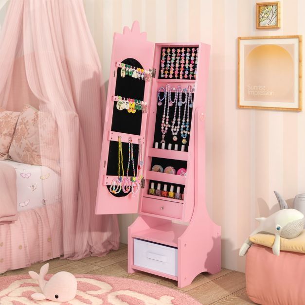 2 in 1 Kinder Schmuckschrank Einhorn mit Ganzkörperspiegel & Schublade Spiegelschrank rosa