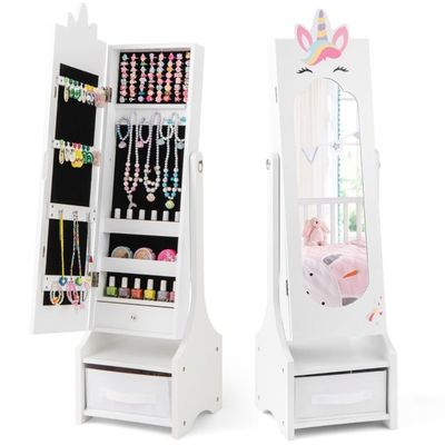 2 in 1 Kinder Schmuckschrank Einhorn mit Ganzkörperspiegel &amp; Schublade Spiegelschrank weiss