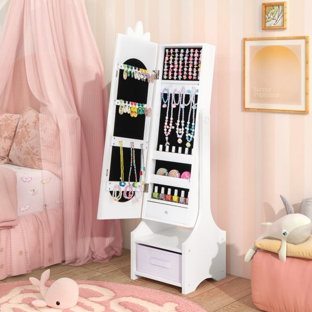 2 in 1 Kinder Schmuckschrank Einhorn mit Ganzkörperspiegel & Schublade Spiegelschrank weiss