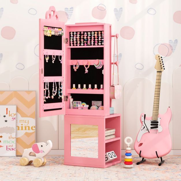 3 in 1 Kinder-Spiegelschrank mit Ganzkörperspiegel & Garderobe Schmuckschrank rosa