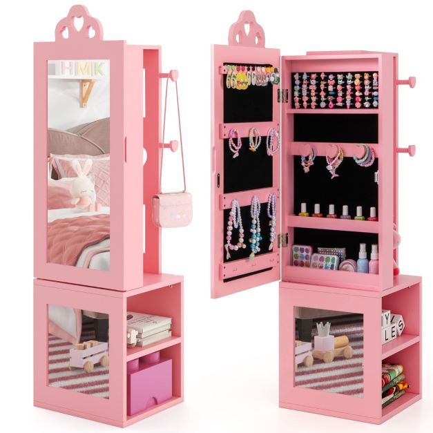 3 in 1 Kinder-Spiegelschrank mit Ganzkörperspiegel &amp; Garderobe Schmuckschrank rosa