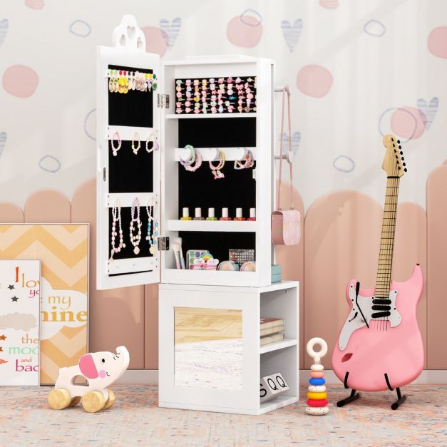 3 in 1 Kinder-Spiegelschrank mit Ganzkörperspiegel & Garderobe Schmuckschrank weiss