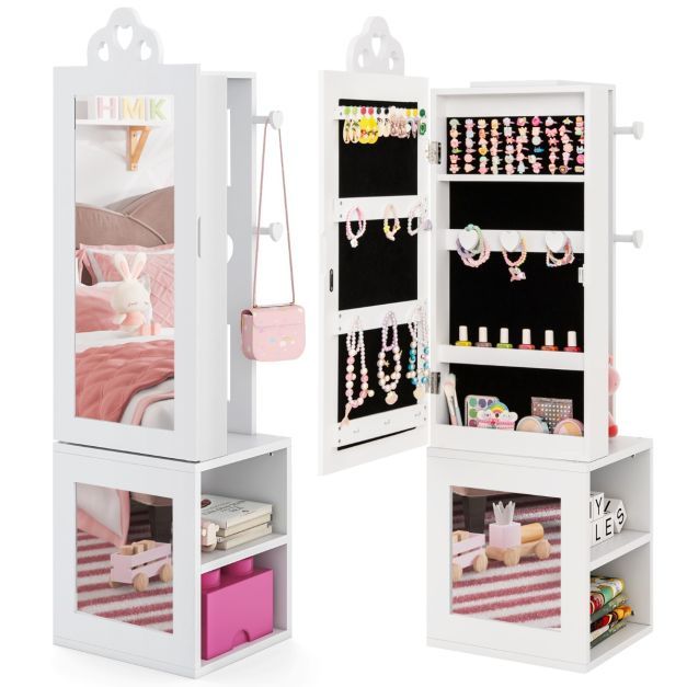 3 in 1 Kinder-Spiegelschrank mit Ganzkörperspiegel &amp; Garderobe Schmuckschrank weiss