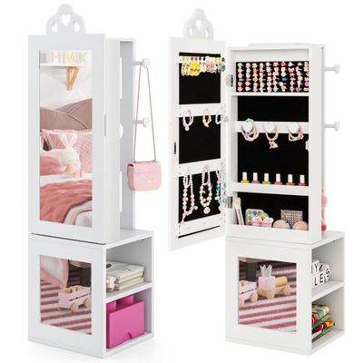 3 in 1 Kinder-Spiegelschrank mit Ganzkörperspiegel &amp; Garderobe Schmuckschrank weiss