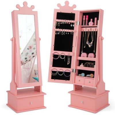 Kinder Schmuckschrank Krone mit Ganzkörperspiegel &amp; 2 Neigungswinkeln &amp; 3 Schubladen Rosa