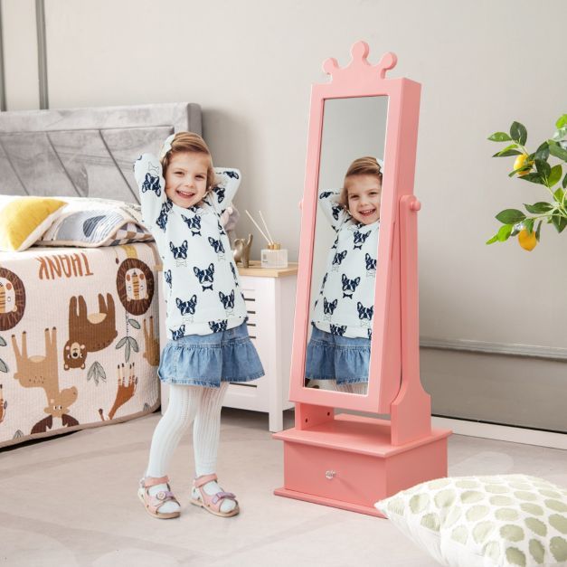 Kinder Schmuckschrank Krone mit Ganzkörperspiegel & 2 Neigungswinkeln & 3 Schubladen Rosa