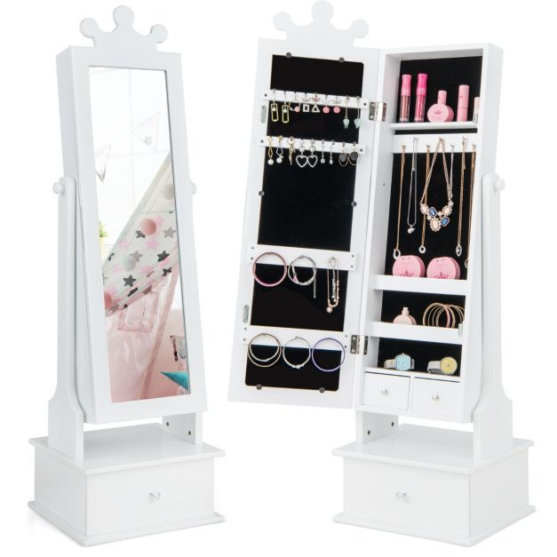 Kinder Schmuckschrank Krone mit Ganzkörperspiegel &amp; 2 Neigungswinkeln &amp; 3 Schubladen Weiss