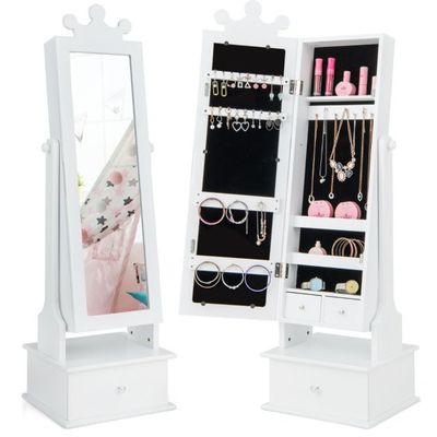 Kinder Schmuckschrank Krone mit Ganzkörperspiegel &amp; 2 Neigungswinkeln &amp; 3 Schubladen Weiss