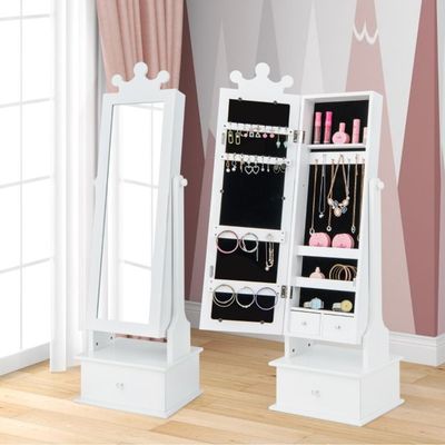 Kinder Schmuckschrank Krone mit Ganzkörperspiegel & 2 Neigungswinkeln & 3 Schubladen Weiss