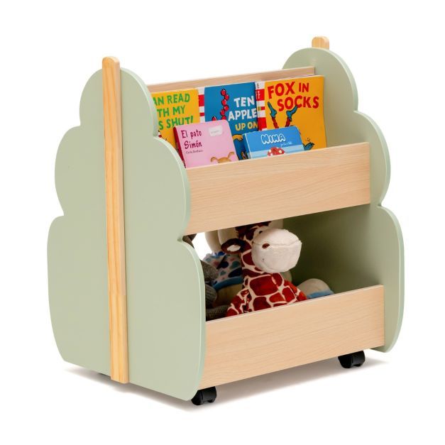Kinder Bücherregal aus Holz mit Universalrädern 2 Ebenen Spielzeugregal auf Rollen grün