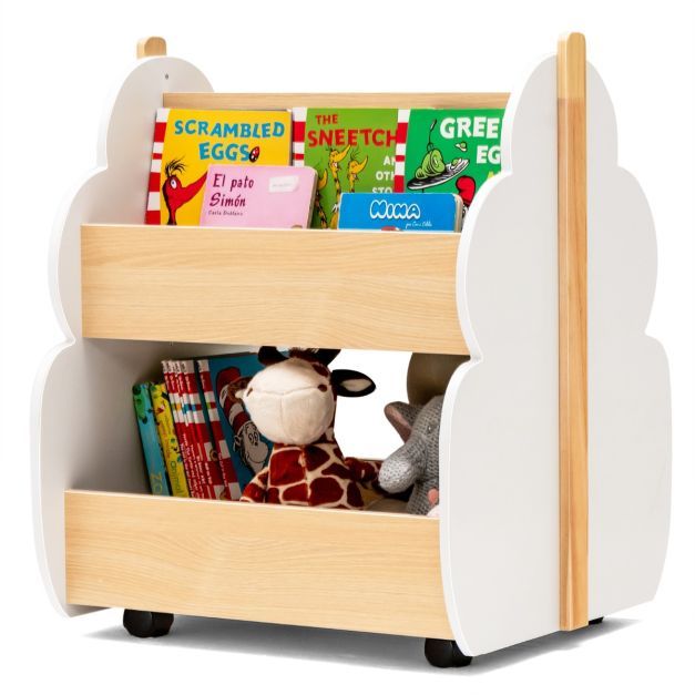 Kinder Bücherregal aus Holz mit Universalrädern 2 Ebenen Spielzeugregal auf Rollen weiss