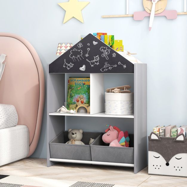 Kinder Bücherregal mit Tafel & 2 Boxen & 6 Fächern Kinderregal Kinderzimmer Regal Spielzeugregal grau