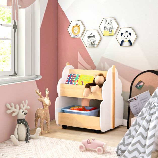 Kinder Bücherregal aus Holz mit Universalrädern 2 Ebenen Spielzeugregal auf Rollen weiss