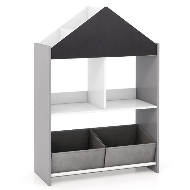 Kinder Bücherregal mit Tafel &amp; 2 Boxen &amp; 6 Fächern Kinderregal Kinderzimmer Regal Spielzeugregal grau