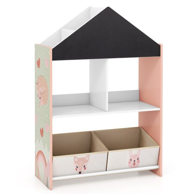 Kinder Bücherregal mit Tafel &amp; 2 Boxen &amp; 6 Fächern Kinderregal Kinderzimmer Regal Spielzeugregal rosa
