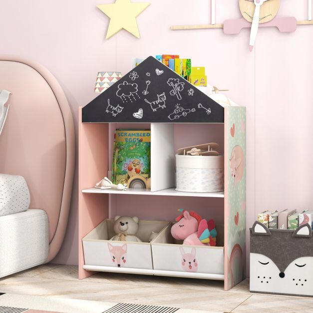Kinder Bücherregal mit Tafel & 2 Boxen & 6 Fächern Kinderregal Kinderzimmer Regal Spielzeugregal rosa