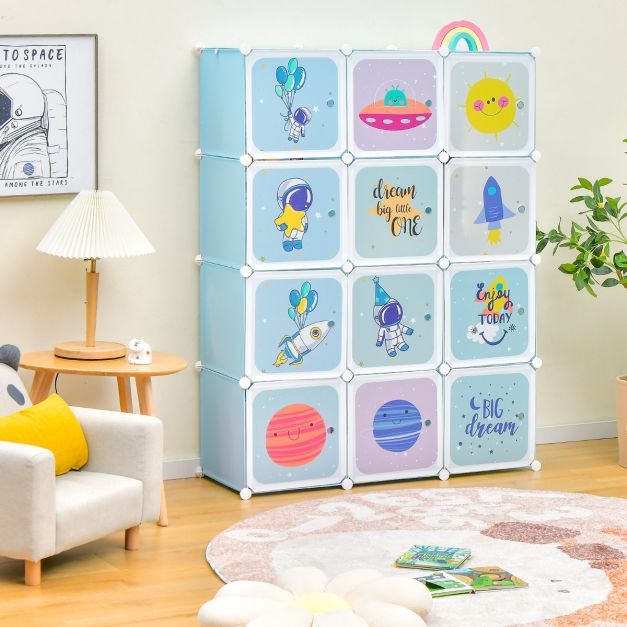 Kleiderschrank für Kinder mit 2 Hängeabschnitten & 12 Würfeln niedliche Cartoon-Kommode Blau