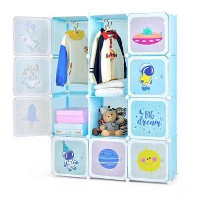 Kleiderschrank für Kinder mit 2 Hängeabschnitten &amp; 12 Würfeln niedliche Cartoon-Kommode Blau