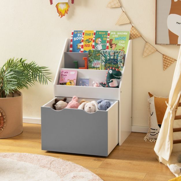 Kinderregal mit 3 Ablagen & Rollende Spielzeugkiste Kinder Bücherregal Grau + Weiss