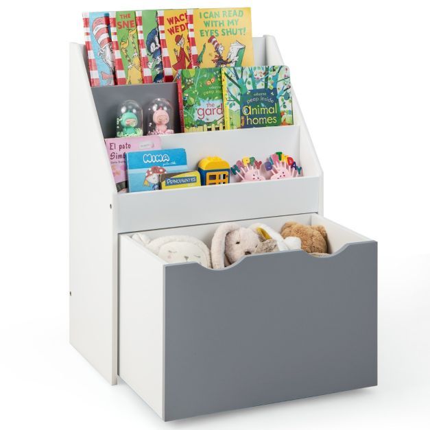 Kinderregal mit 3 Ablagen &amp; Rollende Spielzeugkiste Kinder Bücherregal Grau + Weiss