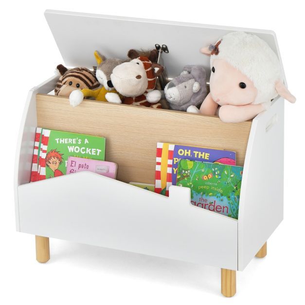 Spielzeugkiste aus Holz mit Regal Spielzeugtruhe mit Klappdeckel 60 x 30 x 44 cm Weiss