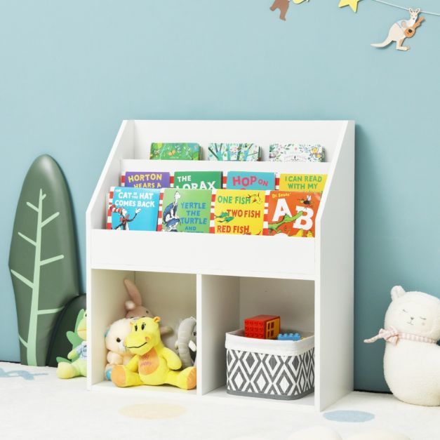 Kinder Bücherregal aus Holz mit 3-stufigem Fach & 2 Ablagen Spielzeugregal Weiss