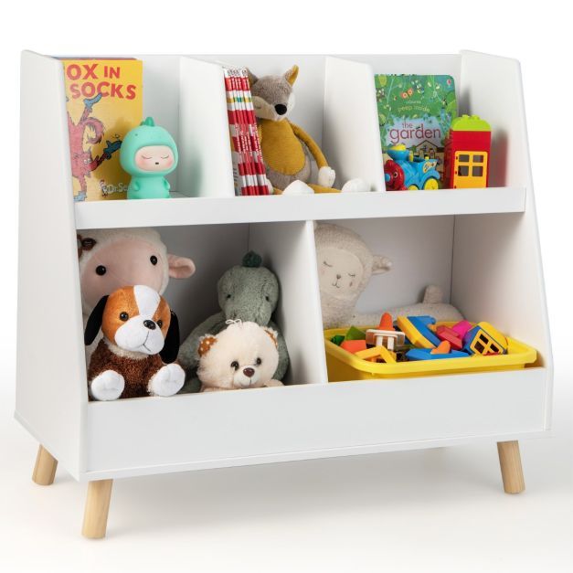 Kinderregal mit 5 offenen Fächern Bücherregal Kinder Kinderzimmerregal mit Massivholzbeinen Weiss