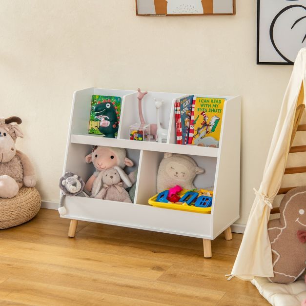 Kinderregal mit 5 offenen Fächern Bücherregal Kinder Kinderzimmerregal mit Massivholzbeinen Weiss