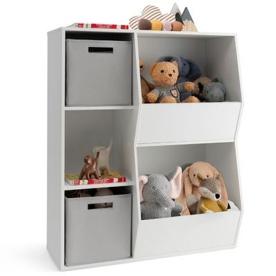 Bücherregal Kinder 3-stöckiges Kinderregal mit 2 Boxen &amp; 5 Fächern 77 x 29 x 94 cm Weiss + Grau