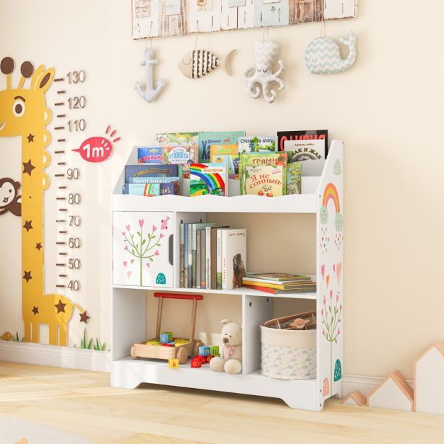 3 in 1 Spielzeugregal mit Ablagefächer & Tür 3 Stöckiges Kinderregal Bücherregal 93 x 30 x 100 cm Weiss