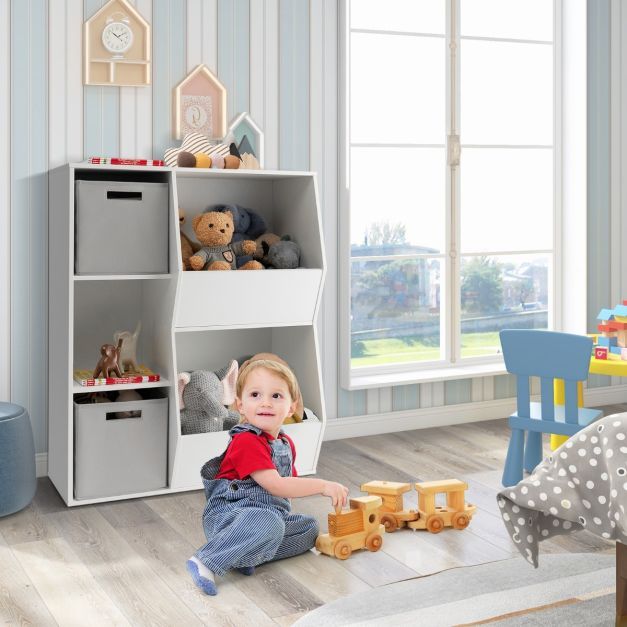 Bücherregal Kinder 3-stöckiges Kinderregal mit 2 Boxen & 5 Fächern 77 x 29 x 94 cm Weiss + Grau