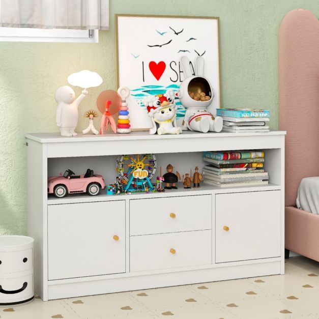 Spielzeugschrank, Kommode, Kinderschrank mit 2 Schubladen & 2 Türen 106 x 30 x 62 cm Weiss