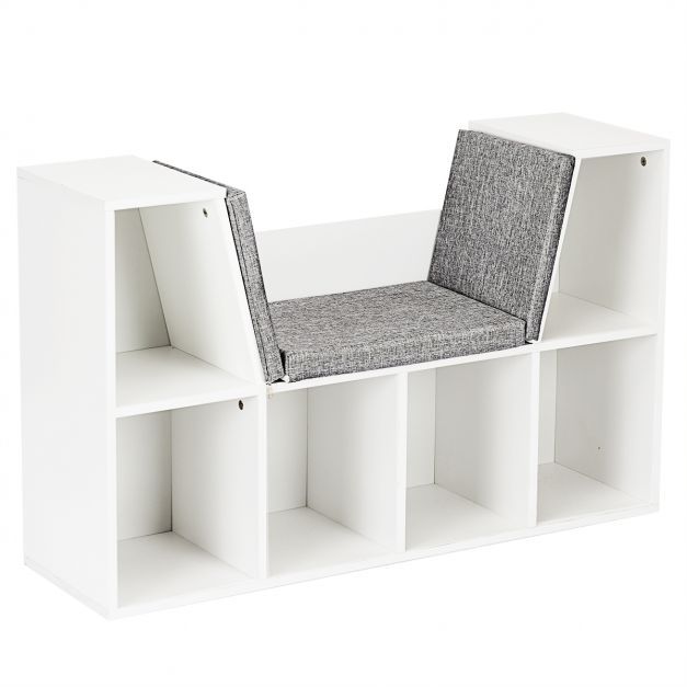 Kinder Bücherregal mit Bank und Sitzkissen Würfelregal Weiss