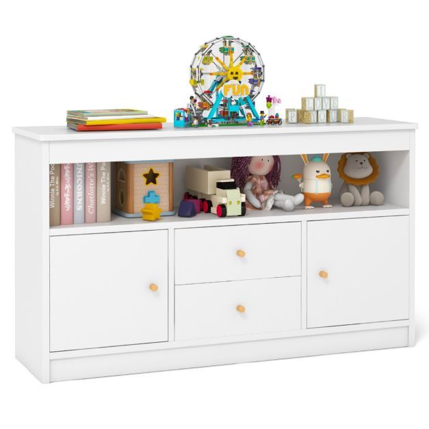Spielzeugschrank, Kommode, Kinderschrank mit 2 Schubladen &amp; 2 Türen 106 x 30 x 62 cm Weiss
