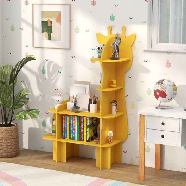 Giraffe Bücherregal für Kinder Spielzeug-Aufbewahrungsorganisator mit offenen Regalen gelb