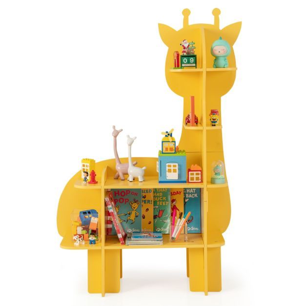 Giraffe Bücherregal für Kinder Spielzeug-Aufbewahrungsorganisator mit offenen Regalen gelb