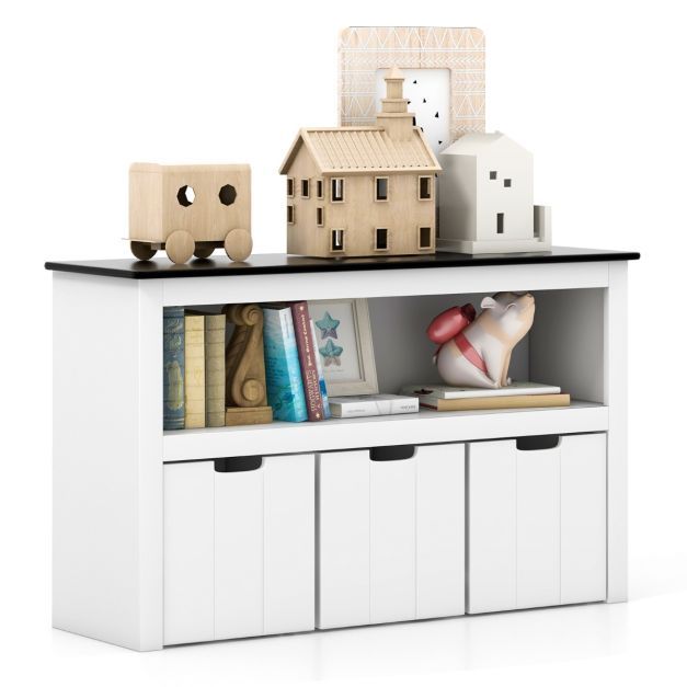Kinder Spielzeugschrank Kinderregal Kommode mit 3 Schubladen &amp; Rollen 102 x 33 x 62 cm weiss