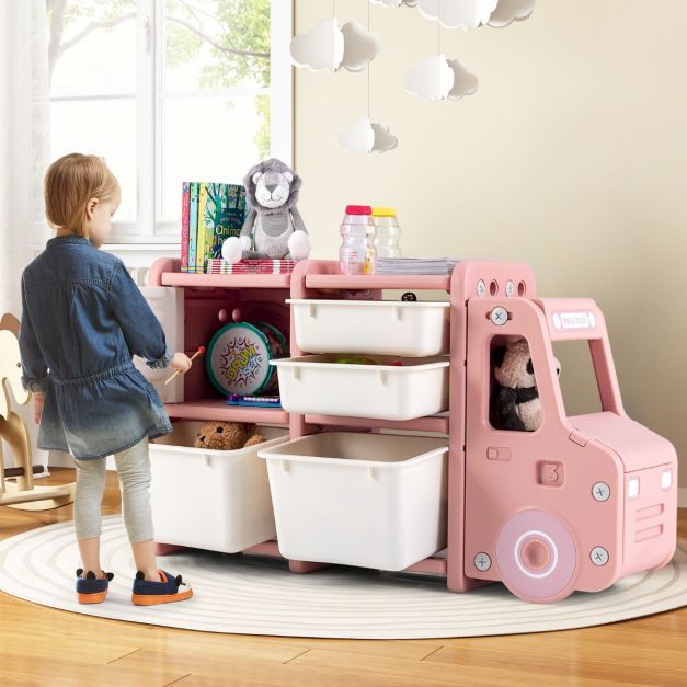 Spielzeugregal LKW 2 Ebenen Kinderregal mit Schubladen und Aufbewahrungsboxen 110 x 32 x 66 cm Rosa