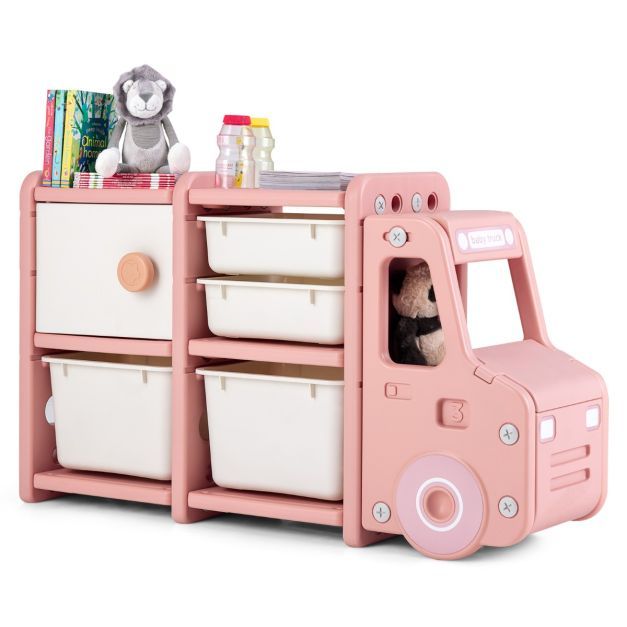 Spielzeugregal LKW 2 Ebenen Kinderregal mit Schubladen und Aufbewahrungsboxen 110 x 32 x 66 cm Rosa